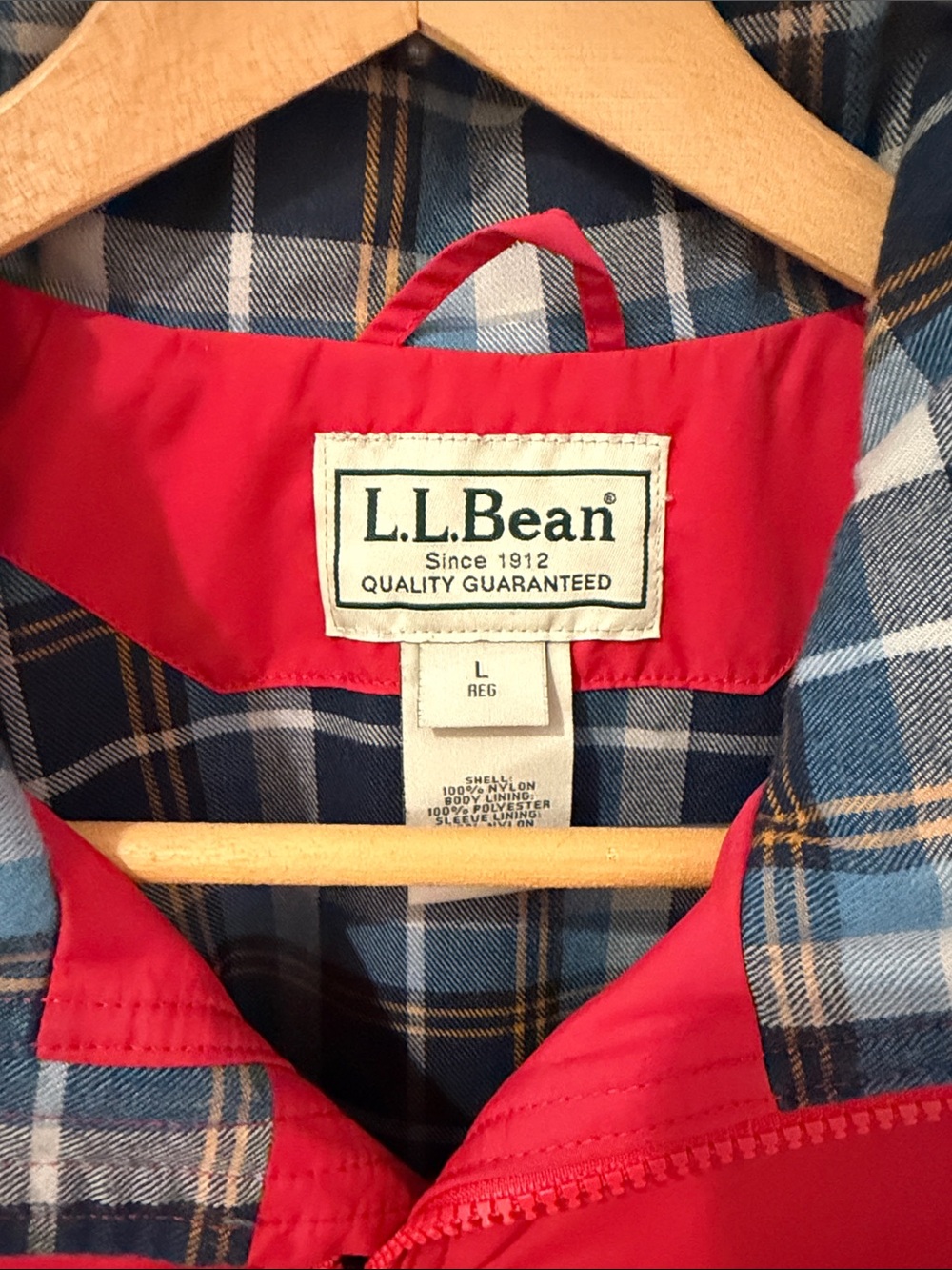 L.L. Bean Red mens' Zip Jacket with Plaid Collar - Picture 2 of 12
